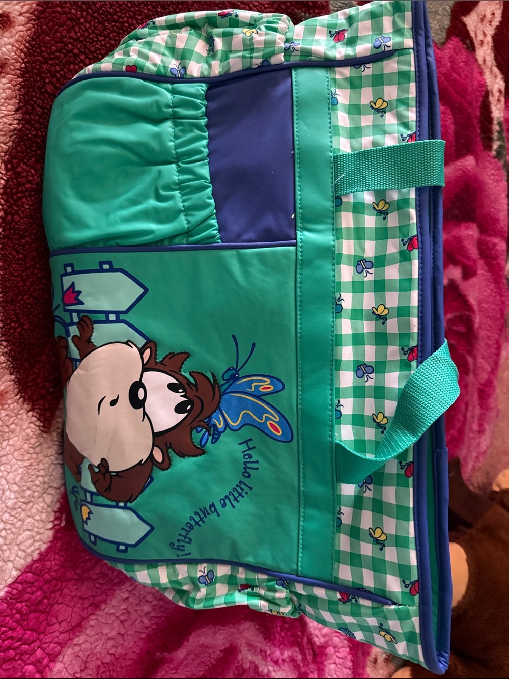 Teal Cartoon Animal Tote Bag with Checkered Accents